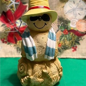 Beach-Themed Snowman Figurine with Hat and Scarf